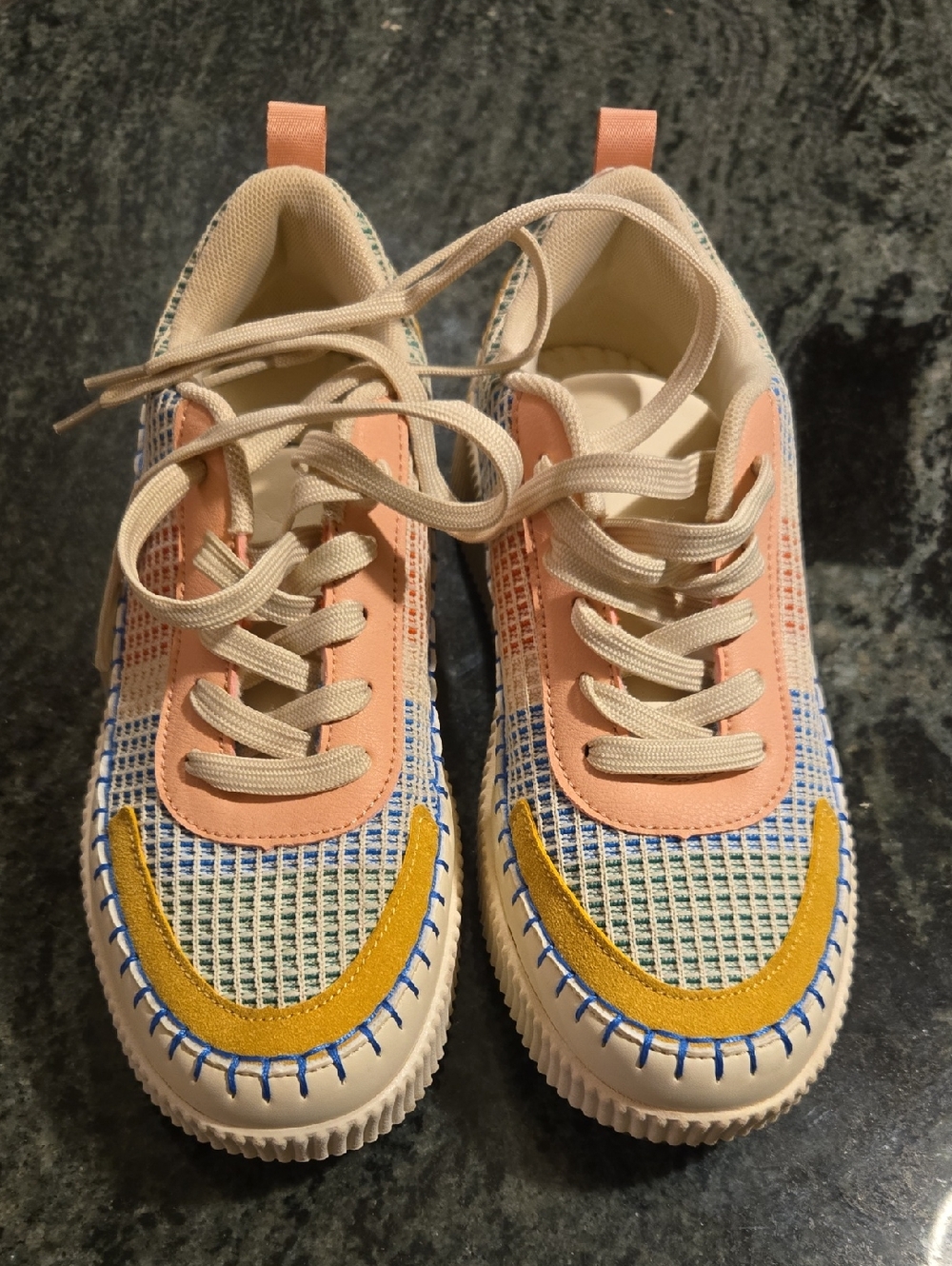 Nicole Miller Peach, Yellow & Blue Woven Lace-Up Sneakers